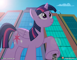 Size: 4000x3090 | Tagged: safe, artist:dieart77, twilight sparkle, twilight sparkle (alicorn), oc, oc:checkerboard, alicorn, pony, city, crushing, female, giant pony, macro, mega twilight sparkle, raffle winner, request, smiling, this will end in pain, this will not end well