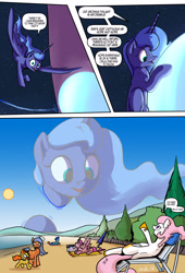 Size: 1920x2816 | Tagged: safe, artist:shieltar, part of a series, part of a set, princess celestia, princess luna, twilight sparkle, alicorn, earth pony, pegasus, pony, unicorn, comic:giant twilight, beach, comic, cute, dialogue, female, giant pony, giantess, growth, lunabetes, macro, pink-mane celestia, planet, pony bigger than a planet, pony bigger than a star, pregnant, s1 luna, signature, space, stars, sun