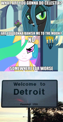 Size: 625x1202 | Tagged: safe, princess celestia, queen chrysalis, alicorn, changeling, changeling queen, pony, female, horn, image macro, text