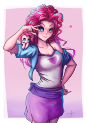 Size: 706x1000 | Tagged: safe, artist:the-park, pinkie pie, pony, equestria girls, beautiful, clothes, duo, human ponidox, looking at you, micro, miniponi, self ponidox, simple background