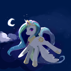 Size: 1000x1000 | Tagged: safe, artist:cocoae, princess celestia, alicorn, pony, crescent moon, flying, night, solo