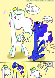 Size: 500x706 | Tagged: safe, artist:danadyu, princess celestia, princess luna, alicorn, pony, ask selestia and runa, gamer luna, princess molestia, trollestia