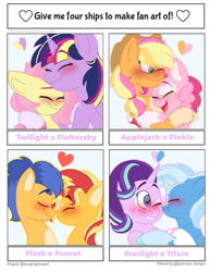 Size: 927x1200 | Tagged: safe, artist:yoshiniyuriyaya, derpibooru import, applejack, flash sentry, fluttershy, pinkie pie, starlight glimmer, sunset shimmer, trixie, twilight sparkle, twilight sparkle (alicorn), alicorn, earth pony, pegasus, pony, unicorn, applepie, blushing, female, flashimmer, four ships fanart, hug, lesbian, male, shipping, smiling, startrix, straight, twishy