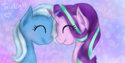 Size: 1600x810 | Tagged: safe, artist:sunnyroop23, derpibooru import, starlight glimmer, trixie, pony, unicorn, eyes closed, female, horn, horns are touching, lesbian, shipping, smiling, startrix