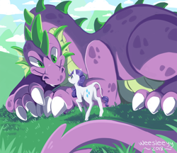 Size: 2000x1731 | Tagged: safe, artist:weesleeyy, rarity, spike, dragon, pony, unicorn, female, leonine tail, macro, male, older, older spike, shipping, size difference, sparity, straight