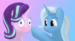 Size: 2876x1596 | Tagged: safe, artist:sane, derpibooru import, starlight glimmer, trixie, pony, unicorn, boop, female, lesbian, shipping, shy, smiling, startrix