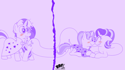 Size: 3840x2160 | Tagged: safe, artist:rupertbluefox, derpibooru import, starlight glimmer, sunburst, trixie, pony, unicorn, :i, alternate hairstyle, babysitter trixie, blushing, clothes, cute, diatrixes, eyes on the prize, female, gameloft, glimmerbetes, hoodie, lesbian, long glimmer, long pony, male, mare, monochrome, prone, purple, shipping, simple background, sitting, stallion, startrix