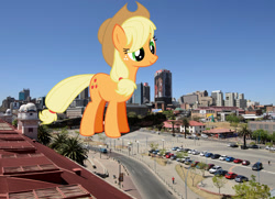 Size: 1980x1430 | Tagged: safe, artist:flawlesstea, artist:theotterpony, applejack, earth pony, pony, city, cowboy hat, female, freckles, giant pony, hat, highrise ponies, irl, johannesburg, macro, mare, photo, ponies in real life, solo, south africa, stetson, story in the source