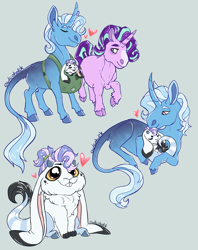 Size: 1500x1898 | Tagged: safe, artist:owlcoholik, derpibooru import, starlight glimmer, trixie, oc, oc:white rabbit, classical unicorn, draconequus, hybrid, unicorn, baby, cloven hooves, family, female, interspecies offspring, leonine tail, lesbian, mother and child, offspring, parent and child, parent:discord, parent:starlight glimmer, parent:trixie, parents:trixcord, shipping, simple, startrix, unshorn fetlocks