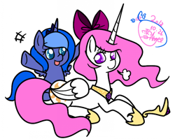 Size: 700x557 | Tagged: safe, artist:snow angel, princess celestia, princess luna, alicorn, pony, cute, cutelestia, filly, japanese, pink-mane celestia, pixiv, woona