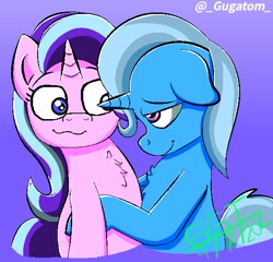 Size: 564x541 | Tagged: safe, artist:_greenice_ggt, derpibooru import, starlight glimmer, trixie, pony, unicorn, female, hug, lesbian, shipping, smiling, startrix