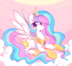 Size: 900x828 | Tagged: safe, artist:pekou, princess celestia, alicorn, pony, cloud, cloudy, prone, solo, spread wings, worried