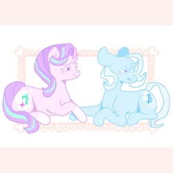 Size: 1080x1080 | Tagged: safe, artist:halomalwina, derpibooru import, starlight glimmer, trixie, pony, unicorn, blushing, duo, female, holding hooves, lesbian, mare, prone, shipping, startrix