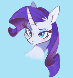 Size: 1165x1250 | Tagged: safe, artist:xenon, rarity, pony, unicorn, blue background, bust, curved horn, ear fluff, female, looking at you, makeup, mare, simple background, solo