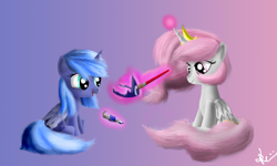 Size: 2500x1500 | Tagged: safe, artist:bronyontheway, princess celestia, princess luna, alicorn, pony, cewestia, crown, duo, filly, magic, paint, paintbrush, sisters, woona, younger