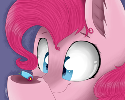 Size: 1024x819 | Tagged: safe, artist:feathershine1, pinkie pie, earth pony, pony, school daze, bust, close-up, ear fluff, female, frog (hoof), holding, micro, party cannon, portrait, simple background, solo, the world's smallest party cannon, underhoof