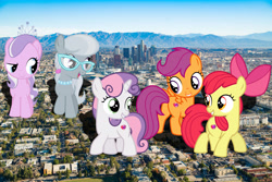 Size: 4048x2700 | Tagged: safe, artist:aethon056, artist:auskeldeo, artist:lumorn, apple bloom, diamond tiara, scootaloo, silver spoon, sweetie belle, earth pony, pegasus, pony, unicorn, california, cutie mark crusaders, filly, giant pony, highrise ponies, irl, los angeles, macro, photo, ponies in real life, united states