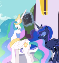 Size: 845x906 | Tagged: safe, screencap, princess celestia, princess luna, alicorn, pony, the crystal empire, black tome of future plot relevance, cropped, duo, mid-blink screencap, mysterious book, speculation