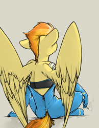 Size: 644x829 | Tagged: safe, artist:sinrar, derpibooru import, spitfire, anthro, unguligrade anthro, bandage, cigarette, clothes, latex, smoking, solo, sports bra, spread wings, stupid sexy spitfire, unzipped, wonderbolts uniform