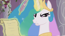 Size: 1280x720 | Tagged: safe, screencap, princess celestia, alicorn, pony, the crystal empire, spoiler:s03, angry, bitchlestia, female, glare, letter, levitation, looking at you, magic, mare, quill, scroll, solo, telekinesis, unamused, you failed the test twilight