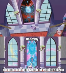 Size: 841x920 | Tagged: safe, screencap, princess celestia, spike, twilight sparkle, alicorn, dragon, pony, spoiler:s03, caption, window