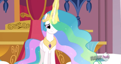 Size: 1199x637 | Tagged: safe, screencap, princess celestia, alicorn, pony, spoiler:s03, cute, cutelestia, female, glowing horn, jewelry, mare, peytral, regalia, sad, solo