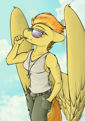 Size: 1045x1476 | Tagged: safe, artist:sinrar, derpibooru import, spitfire, anthro, pegasus, cigarette, folded wings, muscles, solo, sunglasses, wonderbolts