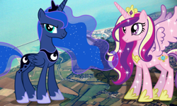 Size: 2047x1232 | Tagged: safe, artist:jerryakira79, princess cadance, princess luna, alicorn, pony, female, giant ponies in real life, giant pony, macro, mega giant