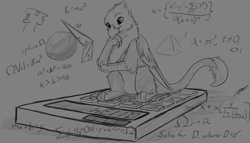 Size: 2154x1234 | Tagged: safe, artist:xeirla, oc, oc only, oc:der, griffon, calculator, equation, male, math, micro, monochrome, sketch, solo