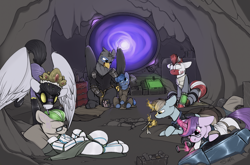 Size: 2332x1539 | Tagged: safe, artist:sinrar, derpibooru import, oc, oc only, oc:enigma, oc:jade beak, oc:midnight, oc:octavian, oc:pipe dream, oc:scout's honor, oc:technical circuits, earth pony, griffon, pegasus, pony, unicorn, zebra, fallout equestria, armor, cave, clothes, commission, costume, female, glasses, group, gun, magic, male, portal, shadowbolts costume, time machine, weapon