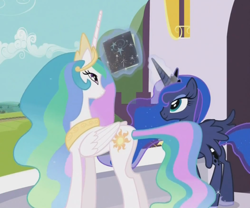 Size: 914x760 | Tagged: safe, screencap, princess celestia, princess luna, star swirl the bearded, alicorn, pony, the crystal empire, black tome of future plot relevance, cropped, ethereal mane, female, magic, mare, mysterious book, starry mane, telekinesis