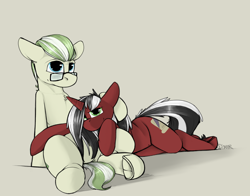 Size: 1400x1100 | Tagged: safe, artist:sinrar, derpibooru import, oc, oc only, oc:enigma, oc:phantom, earth pony, pony, unicorn, gay, glasses, head on lap, male, red and black oc, simple background, stallion