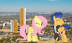 Size: 880x529 | Tagged: safe, artist:jerryakira79, flash sentry, fluttershy, pony, equestria girls outfit, giant ponies in real life, giant pony, irl, macro, photo, ponies in real life