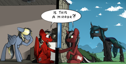 Size: 2161x1100 | Tagged: safe, artist:sinrar, derpibooru import, oc, oc only, oc:phantom, oc:safe stead, oc:scarlet sound, oc:shifter, changeling, pegasus, pony, unicorn, changeling oc, facehoof, indoors, outdoors, red and black oc, sitting