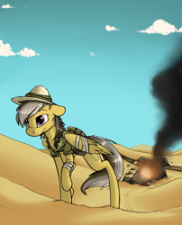 Size: 1050x1300 | Tagged: safe, artist:sinrar, derpibooru import, daring do, pegasus, pony, bandage, clothes, crash, desert, female, fire, hat, injured, injured wing, mare, pith helmet, solo, train, train tracks, train wreck, uncharted