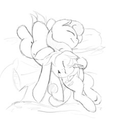 Size: 1080x1126 | Tagged: safe, artist:trickydick, bon bon, lyra heartstrings, sweetie drops, pony, adorabon, belly button, butt pillow, cute, drool, eyes closed, female, lesbian, lyrabetes, lyrabon, monochrome, shipping, simple background, sketch, sleeping, smiling, white background