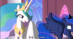 Size: 856x464 | Tagged: safe, screencap, princess celestia, princess luna, alicorn, pony, the crystal empire, youtube caption