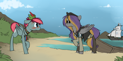 Size: 2100x1050 | Tagged: safe, artist:sinrar, derpibooru import, oc, oc only, oc:cascade script, oc:sinrar, pegasus, pony, beach, boat, clothes, commission, explorer, feather, guarani, native american, water