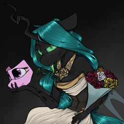 Size: 932x932 | Tagged: safe, artist:sinrar, derpibooru import, queen chrysalis, anthro, changeling, changeling queen, bouquet, clothes, dress, flower, forked tongue, horn, insect wings, jewelry, mask, necklace, solo, wedding dress, wings