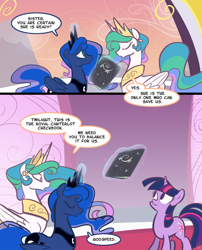 Size: 782x968 | Tagged: safe, artist:egophiliac, princess celestia, princess luna, twilight sparkle, unicorn twilight, alicorn, pony, unicorn, accounting, black tome of future plot relevance, comic, ethereal mane, female, magic, magic aura, mare, mysterious book, royal sisters, siblings, sisters, telekinesis, trio