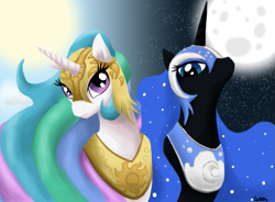 Size: 1533x1130 | Tagged: safe, artist:rhcp-cream, nightmare moon, princess celestia, alicorn, pony, moon, sun