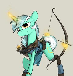 Size: 1150x1200 | Tagged: safe, artist:sinrar, derpibooru import, lyra heartstrings, pony, unicorn, archer, archery, arrow, bow (weapon), bow and arrow, bracelet, clothes, female, glowing horn, gray background, hand, jewelry, lyre, magic, magic hands, mare, raised hoof, saddle bag, simple background, smiling, solo, telekinesis, weapon