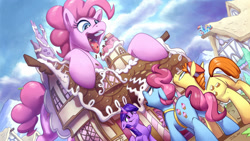 Size: 2500x1413 | Tagged: safe, artist:tsitra360, carrot cake, cup cake, gummy, pinkie pie, rainbow dash, twilight sparkle, twilight sparkle (alicorn), alicorn, earth pony, pegasus, pony, destruction, eating, food, giant pony, looking up, macro, male, ponyville, speedpaint available, stallion, sugarcube corner, what has magic done, what has science done