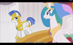 Size: 1024x640 | Tagged: safe, screencap, princess celestia, alicorn, pony, the crystal empire, royal guard, youtube caption