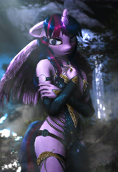 Size: 4320x6320 | Tagged: safe, artist:princeoracle, twilight sparkle, twilight sparkle (alicorn), alicorn, anthro, 3d, absurd resolution, bare shoulders, breasts, clothes, crepuscular rays, crossed arms, dress, female, floppy ears, fluffy, gloves, glowing horn, horn, leg fluff, lidded eyes, long gloves, looking at you, magic, magic aura, mare, paintover, regalia, sexy, shoulder fluff, shy, signature, solo, source filmmaker, wing fluff