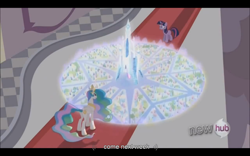 Size: 1024x640 | Tagged: safe, screencap, princess celestia, twilight sparkle, alicorn, pony, the crystal empire, youtube caption