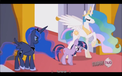 Size: 1024x640 | Tagged: safe, screencap, princess celestia, princess luna, twilight sparkle, alicorn, pony, the crystal empire, youtube caption