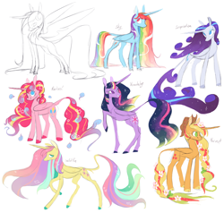 Size: 2000x1904 | Tagged: safe, artist:xenon, applejack, fluttershy, pinkie pie, rainbow dash, rarity, twilight sparkle, twilight sparkle (alicorn), alicorn, earth pony, pony, alicorn six, alicornified, applecorn, cloven hooves, colored hooves, cowboy hat, curved horn, ethereal mane, female, flower, flower in hair, fluttercorn, good end, harvest goddess, hat, leonine tail, mane six, mane six alicorns, mare, pinkiecorn, race swap, rainbowcorn, raised hoof, raricorn, simple background, smiling, starry mane, ultimate twilight, white background, xk-class end-of-the-world scenario