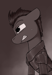 Size: 700x1000 | Tagged: safe, artist:sinrar, derpibooru import, oc, earth pony, pony, fallout equestria, armor, bust, monochrome, portrait, power armor, scar, solo