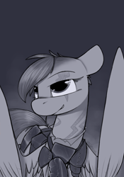 Size: 700x1000 | Tagged: safe, artist:sinrar, derpibooru import, oc, pegasus, pony, fallout equestria, armor, bust, folded wings, monochrome, portrait, solo, tattoo